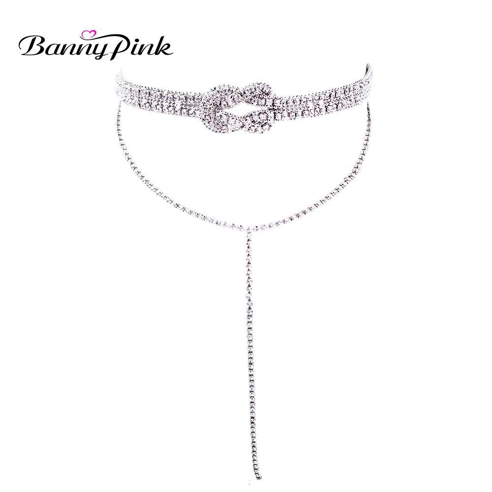 

Banny Pink Luxury Knotted Rhinestone Choker Necklace Sexy Women Long Y Crystal Pendant Choker Collar Multi Rows Clavicle Collar