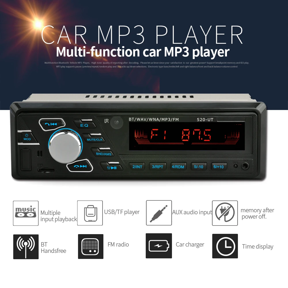

universal 1 din Car Stereo MP3 Audio music Player Bluetooth FM Radio modulator transmitter automagnitol vintage USB quick charge