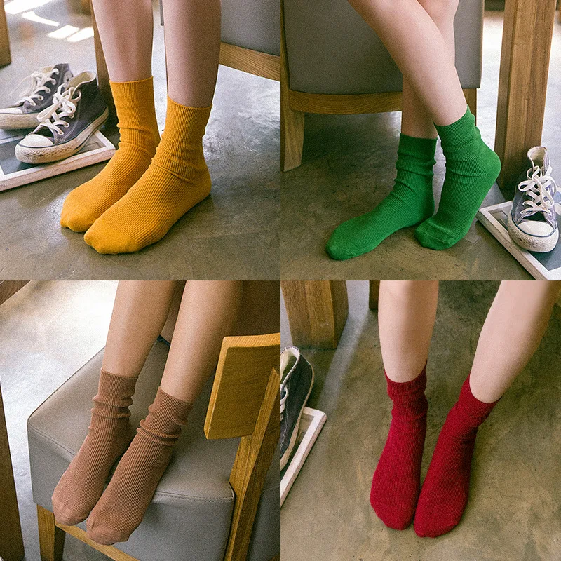 

New Autumn Solid Socks For Women Knitted Stretchy Orange Sokken Female Cotton Casual Calcetines Mujer Girls Green Sock Meias