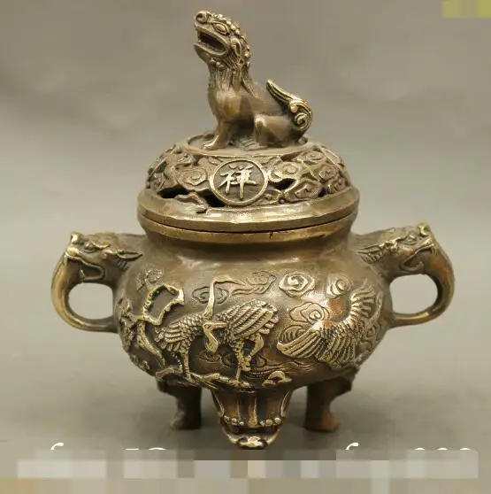 

S00184 6 Folk Chinese Buddhist Bronze Longevity Crane Lion Statue Incense Burner Censer (B0413)