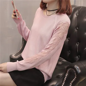 

48 (zhong 1 row 5) new dress Autumn new round collar sweater hollow out lace F3118 raglan sleeve