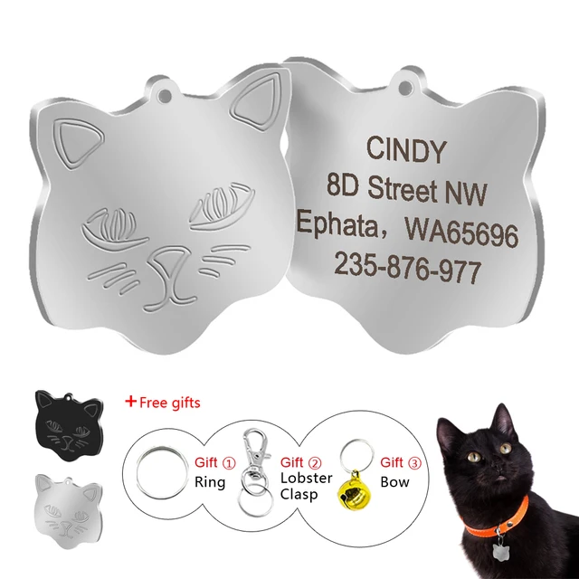 stainless steel cat tag engraved personalized cat face tag