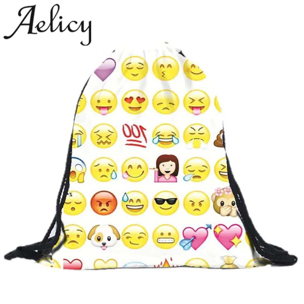 

Aelicy 2018 moji white 3D printing backpack women Men Travel bags Wild party drawstring Trend l brand bag