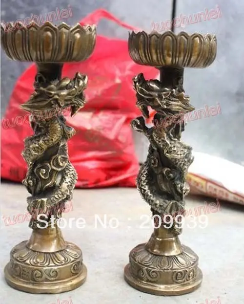 

00786 A Pair Chinese old Royal Collection Cast Bronze Carve Dragon Candlesticks Holder statue
