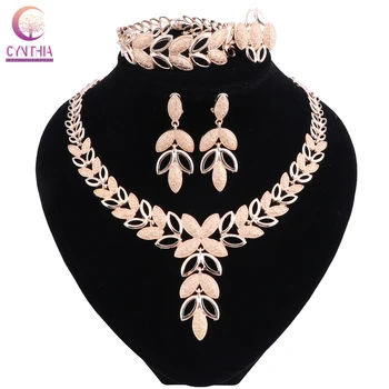 

Classic Leaves Shaped Bridal Jewelry Sets Gold Color Choker Necklace Earrings Bracelet Ring Sets Wedding Jewelry for Women