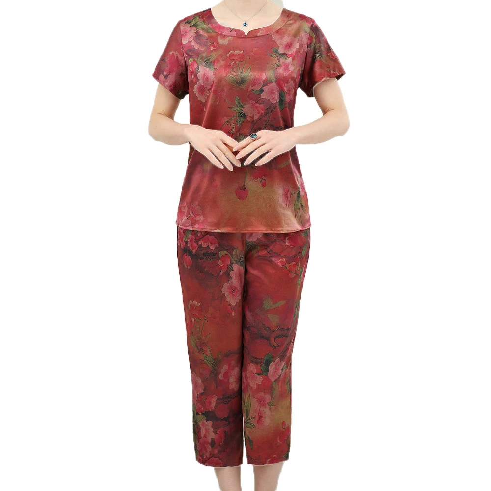 

Chinese Style Woman Summer Two Pieces Pant Suit Set Green Green Blue Flower Top And Cropped Trouser Suits Women Casual Twinset