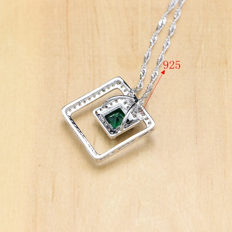 925 серебряные ювелирные наборы квадратный зеленый камень белые длинные серьги из циркония для женщин кулон кольцо Свадебные ювелирные изделия ожерелье набор