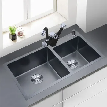 

304 stainless steel black nano double groove stainless steel kitchen sink hand sink thickening suits double bowl wiht faucet