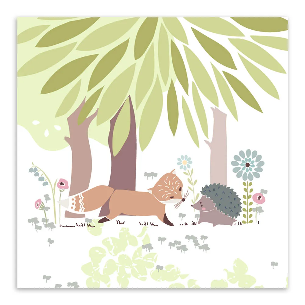 Kartun Hewan Beruang Rusa Hutan Pohon Bunga A4 Art Print Poster