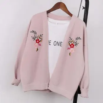 

Women Cardigan Sweater 2017 Spring Autumn winter New Fashion Knitted Embroidery Cardigans High Quality Pull Femme Sweater QH0437