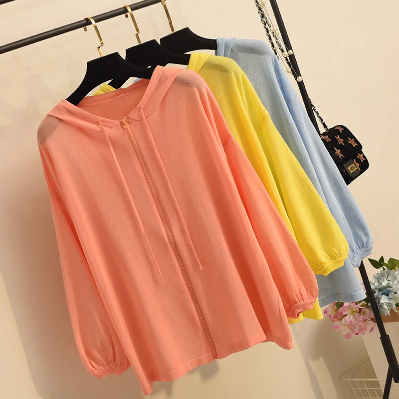 

Hooded Women Sweaters New Spring Summer All-match Loose Knitted Cardigans Zipper Outwear Solid Color Long Sleeve Protection Coat