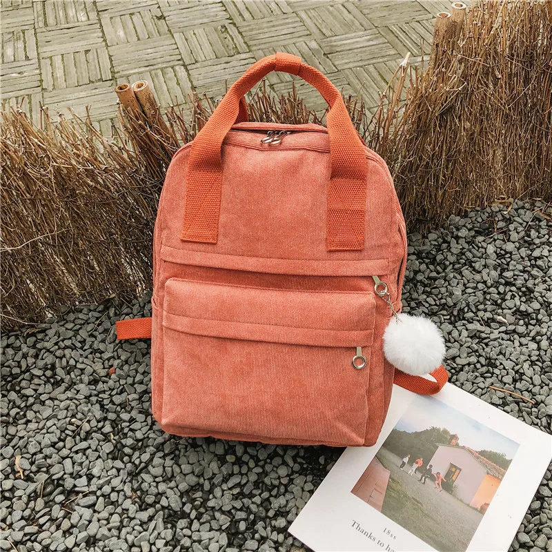 Menghuo New Backpack for Women Fur Ball Solid Color Corduroy Backpack for Girls Spring Winter Velvet Travel Bag Mochila FemininaREMF3709