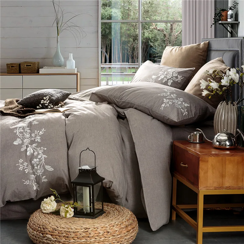 

100% Cotton flowers Embroidery Duvet Cover Set gray Bed Sheet Pillow Case Queen king Size Bedding Sets For girls Soft Bed Linen