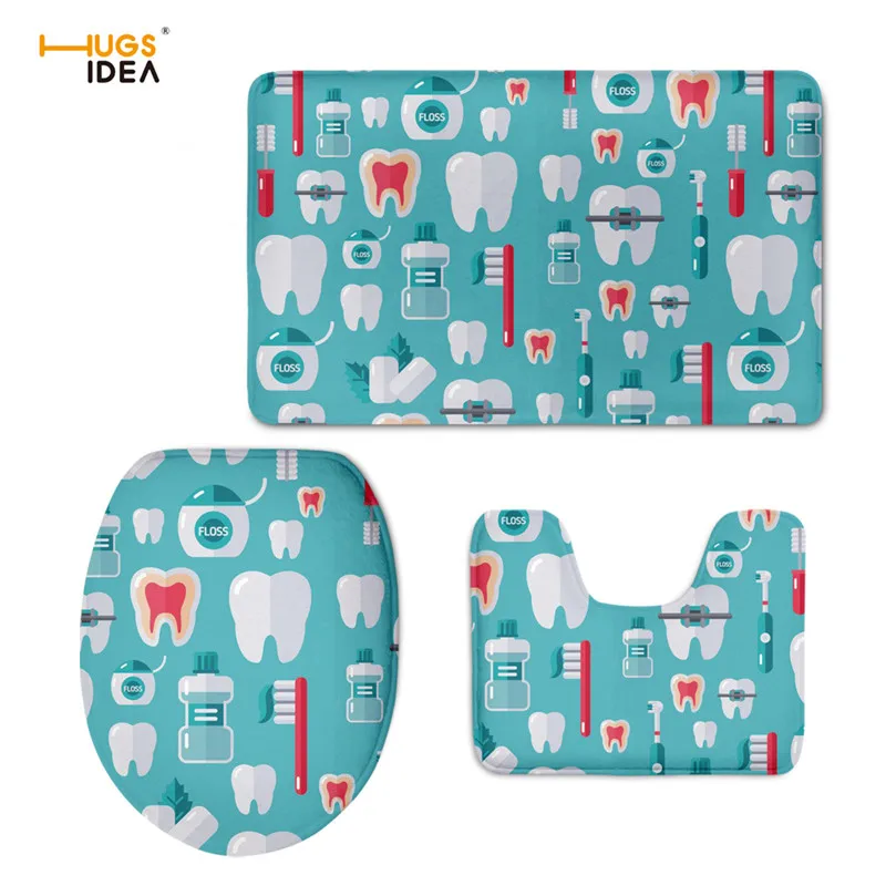 

HUGSIDEA Warm Toilet Seat Mat Cute Cartoon Dentist Print Bathroom Accessories Set Overcoat Toilet Case Washable Soft Carpet Rugs