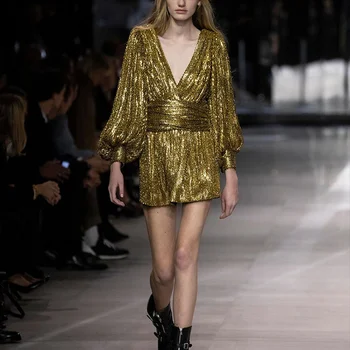 

Sequins Deep V-neck Elegant Dress Vintage Retro Lantern Sleeve Sexy Women Party Dresses