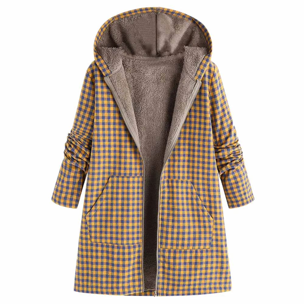 

2019 New Women's Hooded Long Cotton Coat Jacket Women Winter Warm Outwear Zipper Plaid Print Pocket Vintage Oversize Coat #715