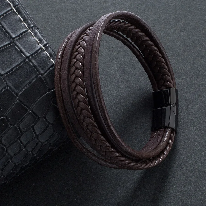 

Fashion Brown Braid Multilayer Rope Chain Bracelets Stainless Steel Magnetic Clasp Men Leather Charm Bracelet Jewelry Gifts