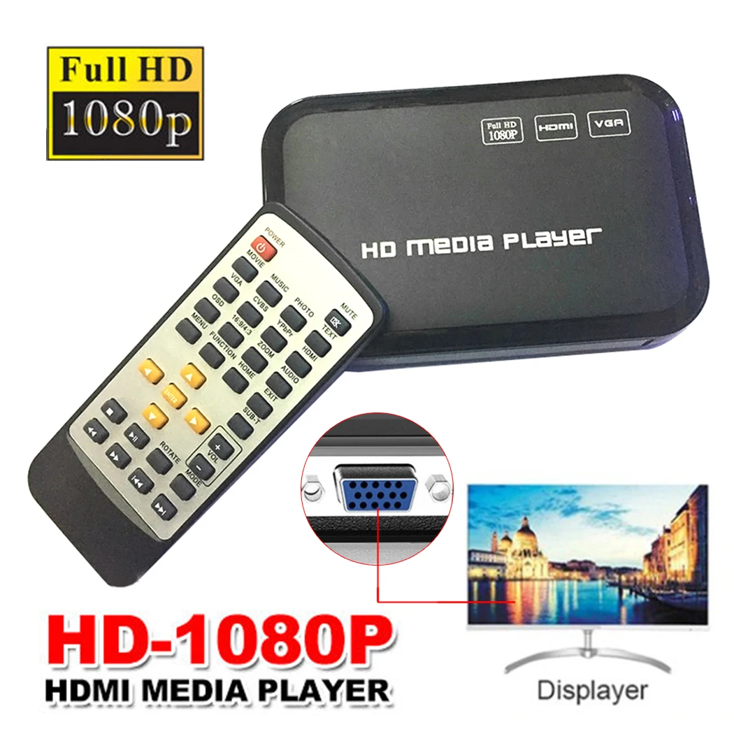 ЕС Plug Full Hd 1080P медиаплеер центр Мультимедиа Видео плеер с Hdmi VGA AV USB Sd/Mmc порт дистанционное управление Ypbpr кабель