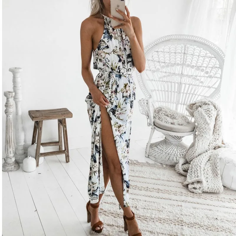 

Missufe Halter O Neck Split Women Long Dress Off The Shoulder Sash Boho Sundress 2019 Female Floral Print Beach Summer Dress