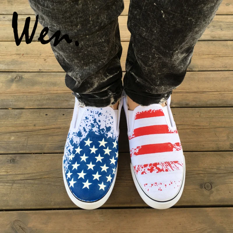 

Wen Sewing Canvas Slip On Sneakers Original Design American USA Flag Hand Painted Shoes Unisex Custom Graffiti Painting Flat