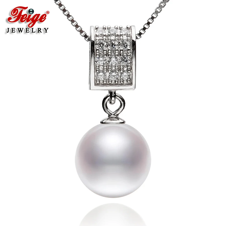 

FEIGE High Quality Real 925 Sterling Silver Necklaces & Pendants with 9-10mm Round Natural Freshwater Pearl Jewelry for Women's