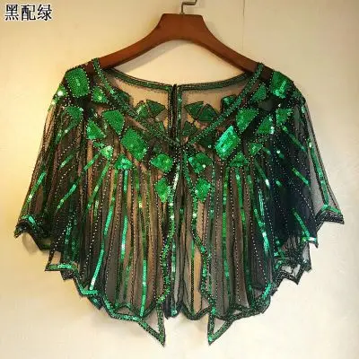 Europe and America Lady Sequins Wrap Bolero Accessories Coat Elegant Women Hollow Out Shawl Capes Princess Tops Outwear 691 - Цвет: black green