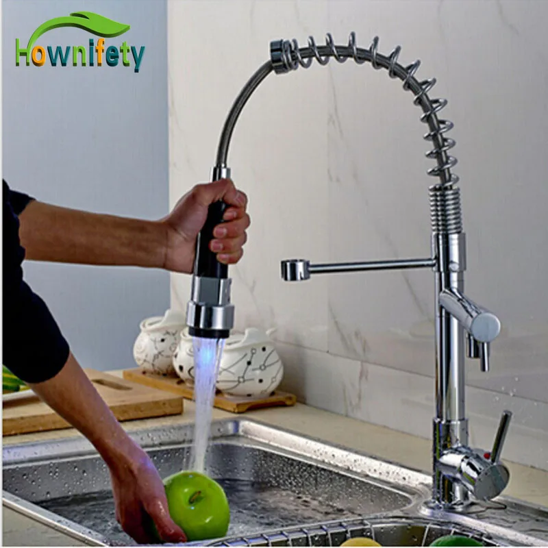 

New Pull Down Spray Chrome Kitchen Sink Faucet Double Handls One Hole Mixer Tap RGB Light Sprayer Head
