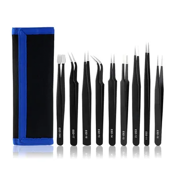 

ESD Anti-static Stainless Steel Tweezers 9PCS Canvas Bag Set Precision Industry Tweezers for Electronic Object Repair Tools