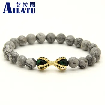 

Ailatu10pcs/lot Micro Inlay Black CZ Eagle Claw Bracelets Grey Picture with Tiger Eye Stone Beads European Style