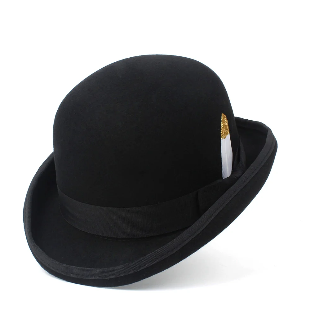 4Size100WoolWomensMensBlackBowlerHatGentlemanCrushableDerbyHatDadBillycock.jpg