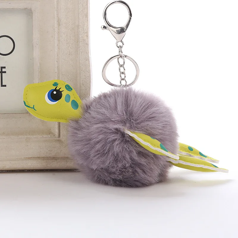 

Fluffy Faux Bunny Fur Pompon Keychains PU Turtle Keychain New Design Car Pompom Pompon Key Ring Bag Pom Pom Ball keyring Women