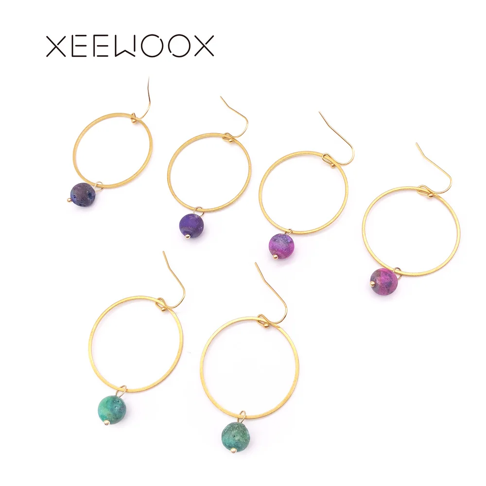 

XEEWOOX 2019 New Round Gold Earrings Semi-precious Boho Earrings Amazonian Stone Simple Vintage Earrings Geometry Drop Earrings