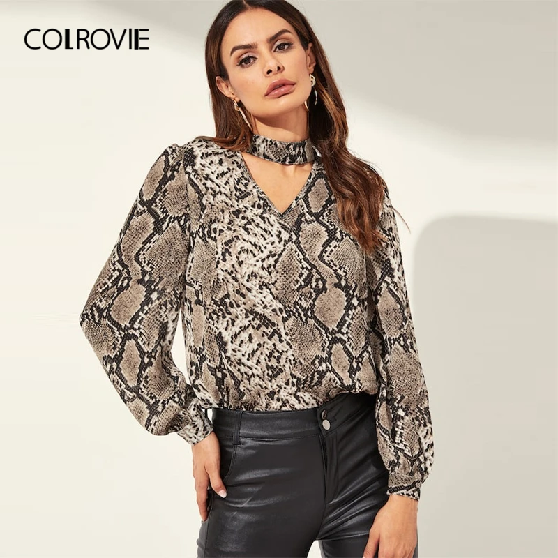 

COLROVIE Snake Skin Pattern Cut Out Choker Neck Casual Blouse Women 2019 Spring Fashion Button Elegant Shirt Office Ladies Tops
