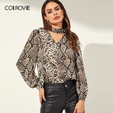 COLROVIE スネークスキンパターンカットアウトチョーカーネックカジュアルブラウス女性 2019 春のファッションボタンエレガントなシャツオフィスの女性トップス(China)