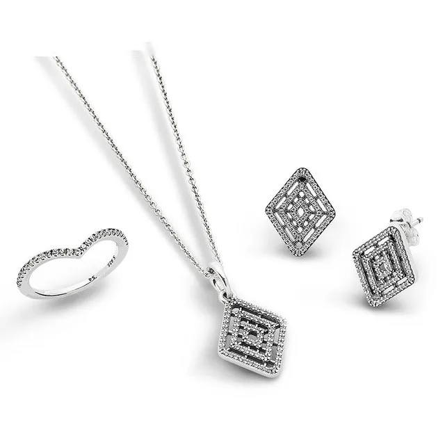 

Kristie 100% 925 Sterling Silver CS1706 WISH RING GEOMETRIC LINES EARRING STUDS Diamond Zirconium Cutout Necklace Set