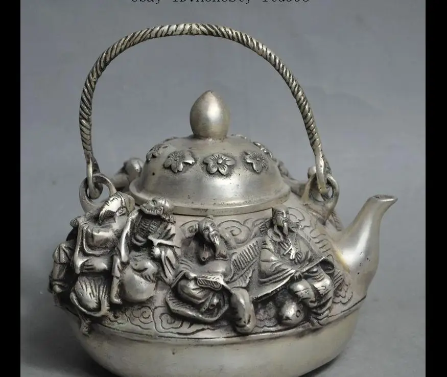 

67111605++marked chinese silver 8 Immortal god statue Wine Tea Pot Teapot Kettle Teakettle