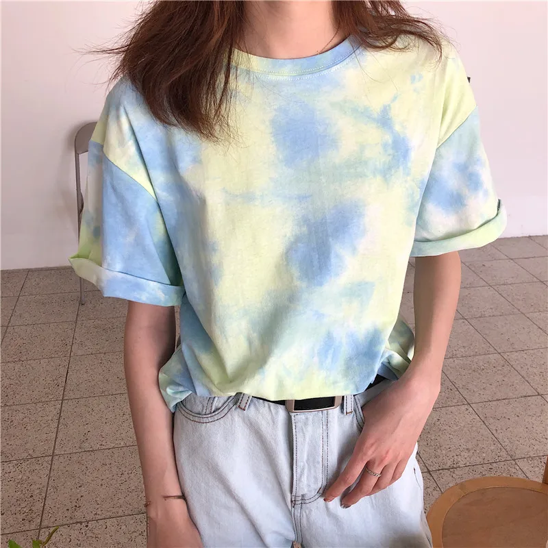 CBAFU tie dye футболка женская летняя топ Корейская одежда Повседневная Свободная футболка femme ulzang топы с принтом Лоскутная футболка D559