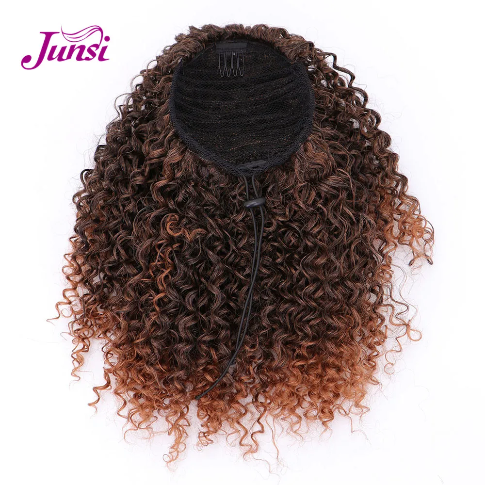 Tanie JUNSI Afro krótkie kręcone sznurkiem kucyk syntetyczne włosy w koński ogon rozszerzenia dla kobiet