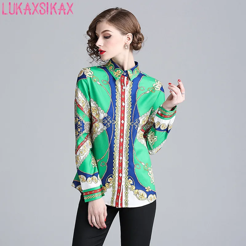 LUKAXSIKAX 2018 Новый демисезонный для женщин рубашка с длинными рукавами Высокое качество Винтаж позиционирования печати дизайнер взлетно