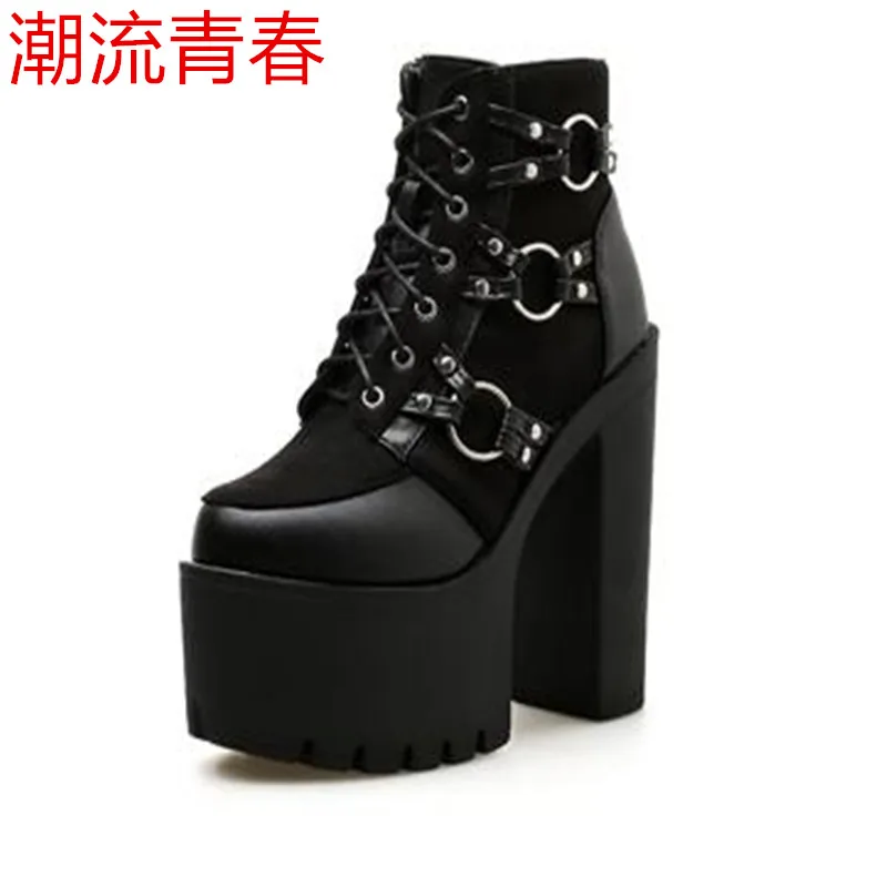 

Women Gothic Boots Lace Up Ankle Boots Patchwork Platform Punk Shoes Ultra Very High Heel Bootie Block Chunky Heel