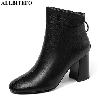

ALLBITEFO new winter genuine leather square toe high heels ankle boots for women brand women high heel shoes snow women boots