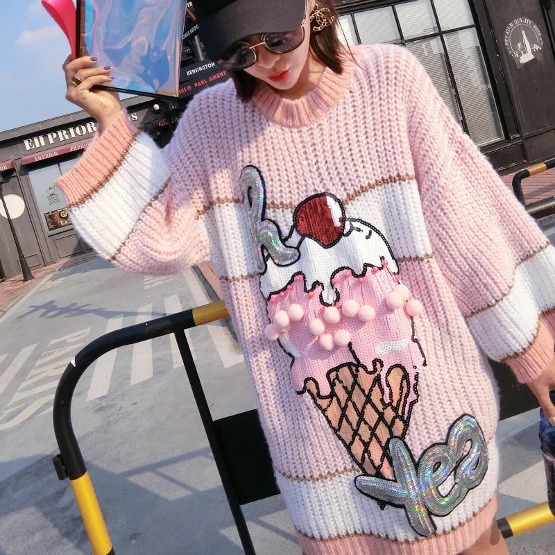 Vefadisa вязаный свитер для женщин Осенние Топы с рисунком мороженого свитера и пуловеры размера плюс свитер с блестками AD1837