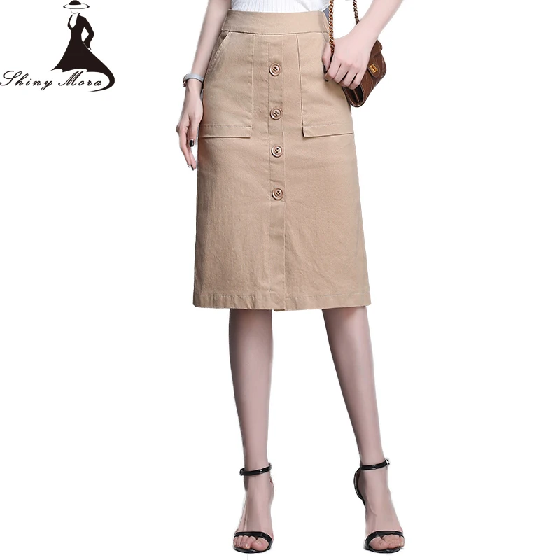 

SHINYMORA Summer Cotton Skirts Women Slim A Line Casual Skirts Button Skirts Fashion High Waist Knee Length Pocket Skirts M-4XL