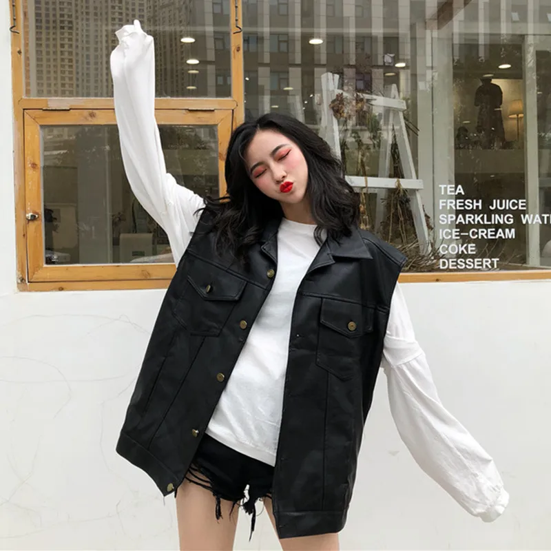 DICLOUD корейский негабаритный жилет пальто для женщин осень мотоцикл без рукавов куртки дамы из искусственной кожи пальто женские черные топы новинка