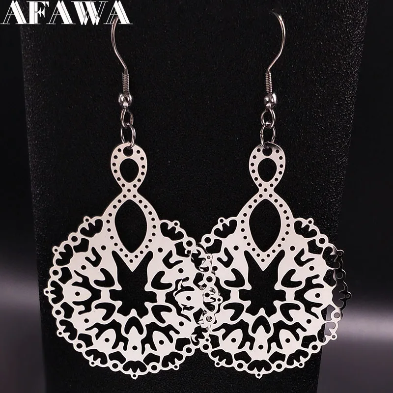 

2019 Fashion Stainless Steel Drop Earrings for Women Silver Color Big Boho Flower Earrings Jewelry pendientes largos E612512