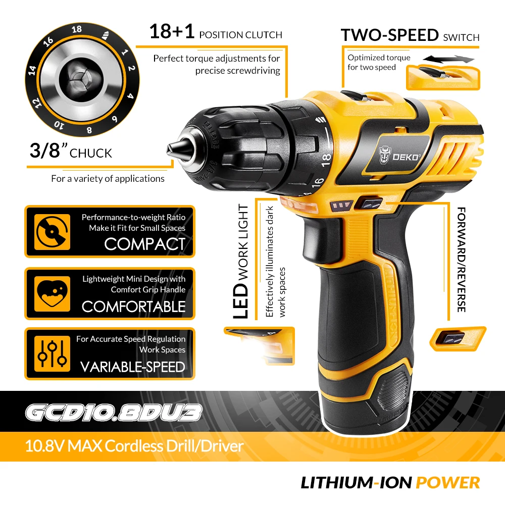 DEKO GCD10.8DU3 10 8 V MAX Аккумуляторная дрель электрическая отвертка гравер мини