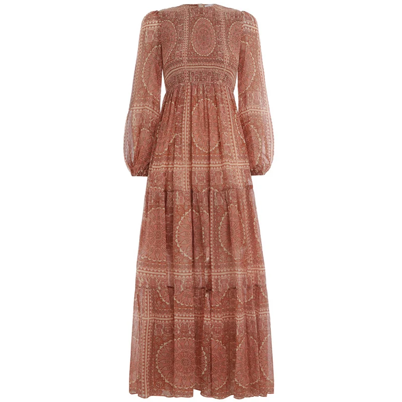 

New vintage fold crepe dress long sleeved blended cotton material Printing hubble bubble sleeve dress