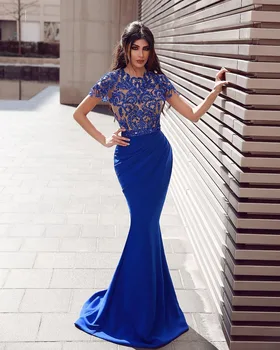 

Sexy New Listing Blue Long Evening Dresses Sexy Jewel-Neck Short Sleeve See Through Mermaid Evening Dress Formal Party Dress