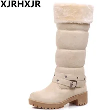 XJRHXJR/милые теплые сапоги на меху женские зимние сапоги до колена модные высокие сапоги с пряжкой осенне-зимняя плюшевая обувь Большие размеры 34-43