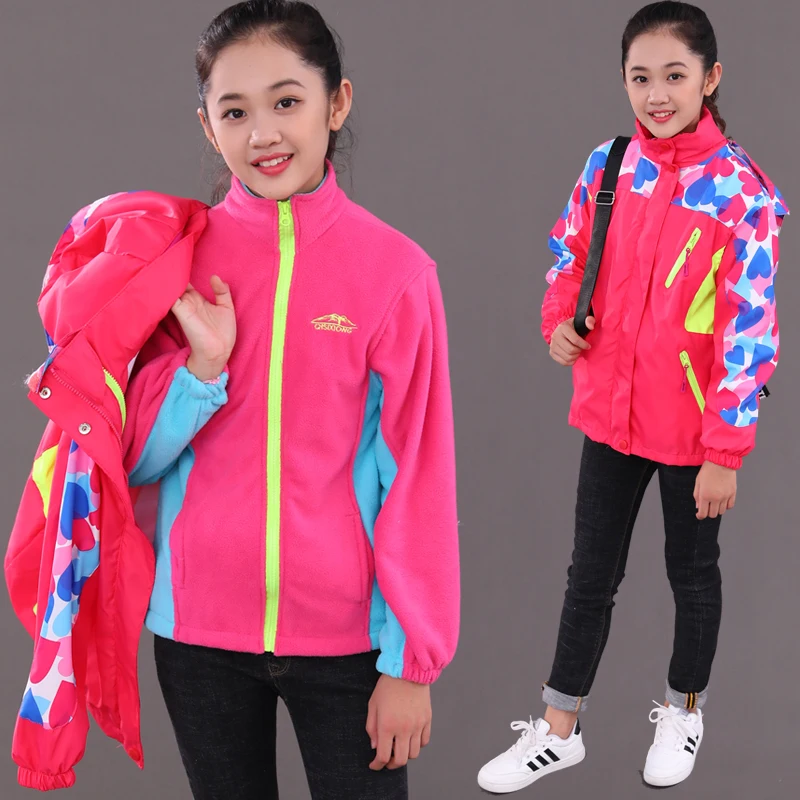 Two piece in one fashion girls winter jackets kids hooded outdoor